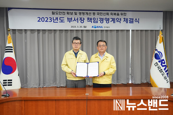 고준영 코레일 사장직무대행(오른쪽)이 20일 오전 대전사옥에서 경영진 38명과 2023년 부서장 책임경영계약을 체결했다.
